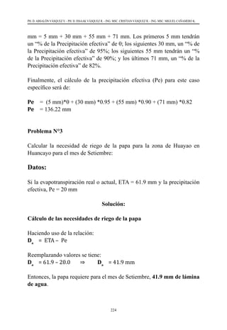 224
PH. D. ABSALÓN VÁSQUEZ V. - PH. D. ISSAAK VÁSQUEZ R. - ING. MSC. CRISTIAN VÁSQUEZ R. - ING. MSC. MIGUEL CAÑAMERO K.
mm = 5 mm + 30 mm + 55 mm + 71 mm. Los primeros 5 mm tendrán
un “% de la Precipitación efectiva” de 0; los siguientes 30 mm, un “% de
la Precipitación efectiva” de 95%; los siguientes 55 mm tendrán un “%
de la Precipitación efectiva” de 90%; y los últimos 71 mm, un “% de la
Precipitación efectiva” de 82%.
Finalmente, el cálculo de la precipitación efectiva (Pe) para este caso
específico será de:
Pe    =  (5 mm)*0 + (30 mm) *0.95 + (55 mm) *0.90 + (71 mm) *0.82
Pe    = 136.22 mm
Problema N°3
Calcular la necesidad de riego de la papa para la zona de Huayao en
Huancayo para el mes de Setiembre:
Datos:
Si la evapotranspiración real o actual, ETA = 61.9 mm y la precipitación
efectiva, Pe = 20 mm
Solución:
Cálculo de las necesidades de riego de la papa
Haciendo uso de la relación:
Da
= ETA – Pe
Reemplazando valores se tiene:
Da
= 61.9 – 20.0	 ⇒	 Da
= 41.9 mm
Entonces, la papa requiere para el mes de Setiembre, 41.9 mm de lámina
de agua.
 
