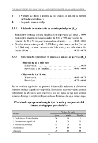 244
PH. D. ABSALÓN VÁSQUEZ V. - PH. D. ISSAAK VÁSQUEZ R. - ING. MSC. CRISTIAN VÁSQUEZ R. - ING. MSC. MIGUEL CAÑAMERO K.
n         	
:	 Número de datos o puntos de los cuales se conoce su lámina
infiltrada acumulada, y
L	 :	 Largo del surco o melga
5.7.2	 Eficiencia de conducción en canales principales (Ecc
)
-	 Suministro continuo sin una modificación importante del canal . . 0.90
-	 Suministro intermitente en proyectos de 3.00 a 7.00 has y zonas de
	 rotación de 30 a 70 has, con buena administración . . . . . . . 0.80 – 0.85
-	 Grandes sistemas (mayor de 10,000 has) y sistemas pequeños (menor
de 1,000 has) con una comunicación deficiente y una administración
menos eficaz . . . . . . . . . . . . . . . . . . . . . . . . . . . . . . . . . . . . . 0.50 – 0.70
5.7.3	 Eficiencia de conducción en acequias o canales en parcelas (Epa
)
	 - Bloques de 20 o más has:
Sin revestir  . . . . . . . . . . . . . . . . . . . . . . . . . . . . . . . . . . .  0.80
Revestidas o en tuberías . . . . . . . . . . . . . . . . . . . . 0.90 – 0.95
	 - Bloques de 1 a 20 has:
Sin revestir  . . . . . . . . . . . . . . . . . . . . . . . . . . . . . . 0.60 – 0.75
Revestidas . . . . . . . . . . . . . . . . . . . . . . . . . . . . . . . 0.70 – 0.90
En los cuadros siguientes, se presenta información referente a eficiencias
logradas en riego superficial y aspersión. Estos datos pueden ayudar a estimar
indicadores de eficiencia con respecto al uso del agua, ya sea para diseñar
sistemas de riego o simplemente para estimar demandas de agua para el riego.
Pérdidas de agua promedio según tipo de suelo y componente del
sistema de riego por gravedad (%)
Variable
Textura del suelo
Ligera Media Pesada
1. En el sistema de distribución 20 10 5
2. Escurrimiento superficial 5 20 30
3. Percolación profunda 45 20 10
Total Pérdidas 70 50 45
Eficiencia 30 50 55
 