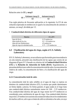 262
PH. D. ABSALÓN VÁSQUEZ V. - PH. D. ISSAAK VÁSQUEZ R. - ING. MSC. CRISTIAN VÁSQUEZ R. - ING. MSC. MIGUEL CAÑAMERO K.
Relación entre la CE y meq/l:  
Una regla práctica de frecuente aplicación es la siguiente: la CE de una
solución expresada en mmhos/cm es igual a la concentración de cationes o
aniones, en meq/l, dividida por 12.
•	 Conductividad eléctrica de diferentes tipos de aguas:
Muestras CE a 25°C
Agua de lluvia
Agua media de los ríos
Agua del mar Mediterráneo
Agua de riego de salinidad media
0.15 mmhos/cm
0.2 – 0.4 mmhos/cm
63 mmhos/cm
0.75 – 2.25 mmhos/cm
6.2 	 Clasificación del agua de riego, según el U.S. Salinity
Laboratory
El U.S. Salinity Laboratory, en un esfuerzo que ha tenido gran trascendencia
en esta materia, presentó una clasificación de las aguas que consta de un
diagrama (Figura N°1) basado en criterios de la Conductividad Eléctrica
(CE) y la Relación de Adsorción de Sodio (RAS). Seguidamente, se
presentandefinicionessobrelaconcentracióntotaldesales,laconcentración
relativa de sodio, la concentración de boro y la clasificación del agua de
riego.
6.2.1 Concentración total de sales
La concentración total de sales solubles en el agua de riego se expresa en
términos de conductividad eléctrica (CE), la misma que puede determinarse
en forma rápida y precisa. En forma general, el agua usada en el riego tiene
una conductividad eléctrica normalmente menor de 2.00 – 2.25 mmhos/cm.
Una conductividad eléctrica del agua de riego menor de 0.75 mmhos/cm es
considerada como satisfactoria de agua de riego. Una conductividad eléctrica
mayorde2.25mmhos/cmocasionaunasustancialreducciónenlosrendimientos
de muchos cultivos; salvo que se traten de cultivos tolerantes a las sales, en cuyo
 