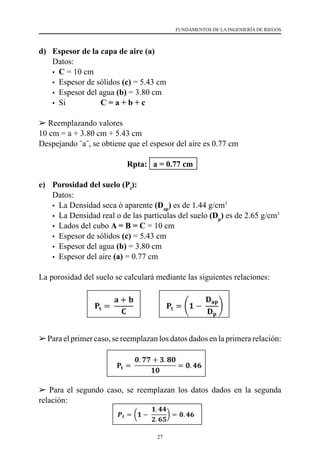 27
FUNDAMENTOS DE LA INGENIERÍA DE RIEGOS
d)	 Espesor de la capa de aire (a)
	 Datos:
	 • C = 10 cm
	 • Espesor de sólidos (c) = 5.43 cm
	 • Espesor del agua (b) = 3.80 cm
	 • Si C = a + b + c
 Reemplazando valores
10 cm = a + 3.80 cm + 5.43 cm
Despejando ¨a¨, se obtiene que el espesor del aire es 0.77 cm  
Rpta: a = 0.77 cm
e)	 Porosidad del suelo (Pt
):
	 Datos:
	 • La Densidad seca ó aparente (Dap
) es de 1.44 g/cm3
	 • La Densidad real o de las partículas del suelo (Dp
) es de 2.65 g/cm3
	 • Lados del cubo A = B = C = 10 cm
	 • Espesor de sólidos (c) = 5.43 cm
	 • Espesor del agua (b) = 3.80 cm
	 • Espesor del aire (a) = 0.77 cm
La porosidad del suelo se calculará mediante las siguientes relaciones:
Para el primer caso, se reemplazan los datos dados en la primera relación:
 Para el segundo caso, se reemplazan los datos dados en la segunda
relación:
 