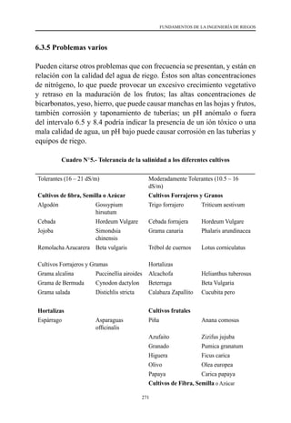 271
FUNDAMENTOS DE LA INGENIERÍA DE RIEGOS
6.3.5 Problemas varios
Pueden citarse otros problemas que con frecuencia se presentan, y están en
relación con la calidad del agua de riego. Éstos son altas concentraciones
de nitrógeno, lo que puede provocar un excesivo crecimiento vegetativo
y retraso en la maduración de los frutos; las altas concentraciones de
bicarbonatos, yeso, hierro, que puede causar manchas en las hojas y frutos,
también corrosión y taponamiento de tuberías; un pH anómalo o fuera
del intervalo 6.5 y 8.4 podría indicar la presencia de un ión tóxico o una
mala calidad de agua, un pH bajo puede causar corrosión en las tuberías y
equipos de riego.
Cuadro N°5.- Tolerancia de la salinidad a los diferentes cultivos
Tolerantes (16 – 21 dS/m) Moderadamente Tolerantes (10.5 – 16
dS/m)
Cultivos de fibra, Semilla o Azúcar Cultivos Forrajeros y Granos
Algodón Gossypium
hirsutum
Trigo forrajero Triticum aestivum
Cebada Hordeum Vulgare Cebada forrajera Hordeum Vulgare
Jojoba                                Simondsia
chinensis
Grama canaria Phalaris arundinacea
Remolacha Azucarera Beta vulgaris                   Trébol de cuernos Lotus corniculatus
Cultivos Forrajeros y Gramas Hortalizas
Grama alcalina Puccinellia airoides Alcachofa Helianthus tuberosus
Grama de Bermuda              Cynodon dactylon Beterraga                                  Beta Vulgaria
Grama salada Distichlis stricta Calabaza Zapallito Cucubita pero
Hortalizas Cultivos frutales
Espárrago Asparaguas
officinalis     
Piña Anana comosus
Azufaito Zizifus jujuba
Granado Pumica granatum
Higuera Ficus carica
Olivo                                         Olea europea
Papaya Carica papaya
Cultivos de Fibra, Semilla o Azúcar
 