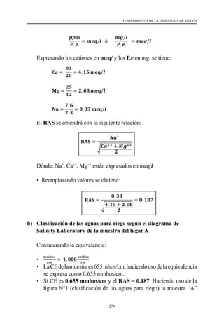 279
FUNDAMENTOS DE LA INGENIERÍA DE RIEGOS
	 Expresando los cationes en meq/ y los P.e en mg, se tiene:
	El RAS se obtendrá con la siguiente relación:
	 Dónde: Na+
, Ca++
, Mg++
están expresados en meq/l
	 •  Reemplazando valores se obtiene:
b)	 Clasificación de las aguas para riego según el diagrama de
Salinity Laboratory de la muestra del lugar A
	 Considerando la equivalencia:
	•
•	 LaCEdelamuestraes655mhos/cm,haciendousodelaequivalencia
se expresa como 0.655 mmhos/cm.
•	 Si CE es 0.655 mmhos/cm y el RAS = 0.187. Haciendo uso de la
figura N°1 (clasificación de las aguas para riego) la muestra “A”
 