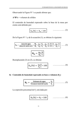 31
FUNDAMENTOS DE LA INGENIERÍA DE RIEGOS
	 Observando la Figura Nº 1 se puede afirmar que:
	A*B*c = volumen de sólidos
	 El contenido de humedad expresado sobre la base de la masa por
ciento está definido por:
			 ……………… (2)
	 De la Figura N° 1 y de la ecuación (1), se obtiene lo siguiente:
				 ……………… (3)
	 Reemplazando (3) en (2), se obtiene:
			 ……………… (4)
b)	 Contenido de humedad expresado en base a volumen (θV
)
			 ……………… (5)
	 La expresión porcentual de θv
está dada por:
					
……………… (6)
 