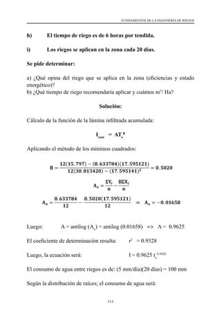 313
FUNDAMENTOS DE LA INGENIERÍA DE RIEGOS
h) 	 El tiempo de riego es de 6 horas por tendida.
i) 	 Los riegos se aplican en la zona cada 20 días.
Se pide determinar:
a) ¿Qué opina del riego que se aplica en la zona (eficiencias y estado
energético)?
b) ¿Qué tiempo de riego recomendaría aplicar y cuántos m3
/ Ha?
Solución:
Cálculo de la función de la lámina infiltrada acumulada:
Icum
= ATo
B
Aplicando el método de los mínimos cuadrados:
Luego: 	 A = antilog (Ao
) = antilog (0.01658)   =>   A =  0.9625
El coeficiente de determinación resulta:	 r2
= 0.9328
Luego, la ecuación será:	 	 	 I = 0.9625 to
0.5020
El consumo de agua entre riegos es de: (5 mm/día)(20 días) = 100 mm
Según la distribución de raíces; el consumo de agua será:
 