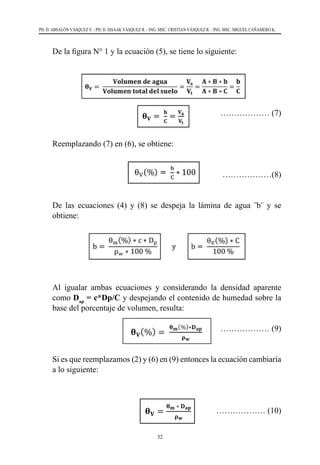 32
PH. D. ABSALÓN VÁSQUEZ V. - PH. D. ISSAAK VÁSQUEZ R. - ING. MSC. CRISTIAN VÁSQUEZ R. - ING. MSC. MIGUEL CAÑAMERO K.
	 De la figura N° 1 y la ecuación (5), se tiene lo siguiente:
					 ……………… (7)
	 Reemplazando (7) en (6), se obtiene:
			 ………………(8)
	 De las ecuaciones (4) y (8) se despeja la lámina de agua ¨b¨ y se
obtiene:
	 Al igualar ambas ecuaciones y considerando la densidad aparente
como Dap
= c*Dp/C y despejando el contenido de humedad sobre la
base del porcentaje de volumen, resulta:
		 ……………… (9)
	 Si es que reemplazamos (2) y (6) en (9) entonces la ecuación cambiaría
a lo siguiente:
			 	 ……………… (10)
b) Contenido de humedad expresado en base a volumen (θV)
𝛉𝛉𝐕𝐕 =
𝐕𝐕𝐕𝐕𝐕𝐕𝐕𝐕𝐕𝐕𝐕𝐕𝐕𝐕 𝐝𝐝𝐝𝐝 𝐚𝐚𝐚𝐚𝐚𝐚𝐚𝐚
𝐕𝐕𝐕𝐕l𝐮𝐮𝐮𝐮𝐮𝐮𝐮𝐮 𝐭𝐭𝐭𝐭𝐭𝐭𝐭𝐭𝐭𝐭 𝐝𝐝𝐝𝐝𝐝𝐝 𝐬𝐬𝐬𝐬𝐬𝐬𝐬𝐬𝐬𝐬
=
𝐕𝐕𝐚𝐚
𝐕𝐕𝐭𝐭
……………… (5)
La expresión porcentual de θv está dada por:
θV(%) = θV ∗ 100 ……………… (6)
De la figura N° 1 y la ecuación (5), se tiene lo siguiente:
𝛉𝛉𝐕𝐕 =
𝐕𝐕𝐕𝐕𝐕𝐕𝐕𝐕𝐕𝐕𝐕𝐕𝐕𝐕 𝐝𝐝𝐝𝐝 𝐚𝐚𝐚𝐚𝐚𝐚𝐚𝐚
𝐕𝐕𝐕𝐕𝐕𝐕𝐕𝐕𝐕𝐕𝐕𝐕𝐕𝐕 𝐭𝐭𝐭𝐭𝐭𝐭𝐭𝐭𝐭𝐭 𝐝𝐝𝐝𝐝𝐝𝐝 𝐬𝐬𝐬𝐬𝐬𝐬𝐬𝐬𝐬𝐬
=
𝐕𝐕𝐚𝐚
𝐕𝐕𝐭𝐭
=
𝐀𝐀 ∗ 𝐁𝐁 ∗ 𝐛𝐛
𝐀𝐀 ∗ 𝐁𝐁 ∗ 𝐂𝐂
=
𝐛𝐛
𝐂𝐂
𝛉𝛉𝐕𝐕 =
𝐛𝐛
𝐂𝐂
=
𝐕𝐕𝐚𝐚
𝐕𝐕𝐭𝐭
……………… (7)
Reemplazando (7) en (6), se obtiene:
θV(%) =
b
C
∗ 100 ………………(8)
De las ecuaciones (4) y (8) se despeja la lámina de agua ¨b¨ y se obtiene:
b =
θm(%) ∗ c ∗ Dp
ρw ∗ 100 %
y b =
θV(%) ∗ C
100 %
Al igualar ambas ecuaciones y considerando la densidad aparente como Dap = c*Dp/C y
despejando el contenido de humedad sobre la base del porcentaje de volumen, resulta:
𝛉𝛉𝐕𝐕(%) =
𝛉𝛉𝐦𝐦(%)∗𝐃𝐃𝐚𝐚𝐚𝐚
𝛒𝛒𝐰𝐰
……………… (9.1)
Si es que reemplazamos (2) y (6) en (9.1) entonces la ecuación cambiaría a lo siguiente:
𝛉𝛉𝐕𝐕 =
𝛉𝛉𝐦𝐦 ∗ 𝐃𝐃𝐚𝐚𝐚𝐚
𝛒𝛒𝐰𝐰
……………… (9.2)
Como normalmente resulta que la densidad del agua (𝝆𝝆𝒘𝒘) es igual a 1.0, entonces las
dos ecuaciones anteriores se pueden expresar como:
 