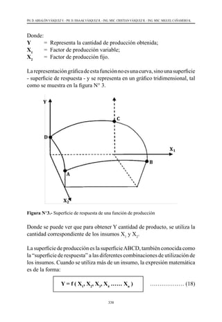 338
PH. D. ABSALÓN VÁSQUEZ V. - PH. D. ISSAAK VÁSQUEZ R. - ING. MSC. CRISTIAN VÁSQUEZ R. - ING. MSC. MIGUEL CAÑAMERO K.
Donde:
Y	 =  Representa la cantidad de producción obtenida;
X1
	 =  Factor de producción variable;
X2
	 =  Factor de producción fijo.
Larepresentacióngráficadeestafunciónnoesunacurva,sinounasuperficie
- superficie de respuesta - y se representa en un gráfico tridimensional, tal
como se muestra en la figura N° 3.
Figura N°3.- Superficie de respuesta de una función de producción
Donde se puede ver que para obtener Y cantidad de producto, se utiliza la
cantidad correspondiente de los insumos X1
y X2
.
La superficie de producción es la superficieABCD, también conocida como
la “superficie de respuesta” a las diferentes combinaciones de utilización de
los insumos. Cuando se utiliza más de un insumo, la expresión matemática
es de la forma:
		Y = f ( X1
, X2
, X3
, X4
…… Xn
)	 ……………… (18)
 
