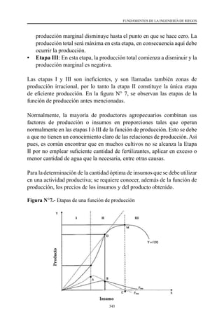343
FUNDAMENTOS DE LA INGENIERÍA DE RIEGOS
producción marginal disminuye hasta el punto en que se hace cero. La
producción total será máxima en esta etapa, en consecuencia aquí debe
ocurrir la producción.
•	 Etapa III: En esta etapa, la producción total comienza a disminuir y la
producción marginal es negativa.
Las etapas I y III son ineficientes, y son llamadas también zonas de
producción irracional, por lo tanto la etapa II constituye la única etapa
de eficiente producción. En la figura N° 7, se observan las etapas de la
función de producción antes mencionadas.
Normalmente, la mayoría de productores agropecuarios combinan sus
factores de producción o insumos en proporciones tales que operan
normalmente en las etapas I ó III de la función de producción. Esto se debe
a que no tienen un conocimiento claro de las relaciones de producción. Así
pues, es común encontrar que en muchos cultivos no se alcanza la Etapa
II por no emplear suficiente cantidad de fertilizantes, aplicar en exceso o
menor cantidad de agua que la necesaria, entre otras causas.
Para la determinación de la cantidad óptima de insumos que se debe utilizar
en una actividad productiva; se requiere conocer, además de la función de
producción, los precios de los insumos y del producto obtenido.
Figura N°7.- Etapas de una función de producción
 