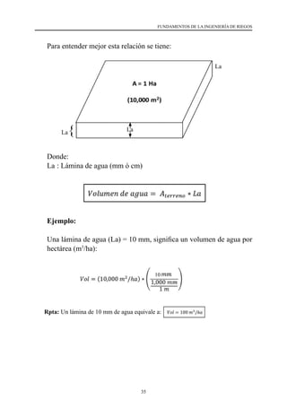 35
FUNDAMENTOS DE LA INGENIERÍA DE RIEGOS
	 Para entender mejor esta relación se tiene:
	 Donde:
	 La	: Lámina de agua (mm ó cm)
	 Ejemplo:
	 Una lámina de agua (La) = 10 mm, significa un volumen de agua por
hectárea (m3
/ha):
10
Rpta: Un lámina de 10 mm de agua equivale a:
La
La{ La
 