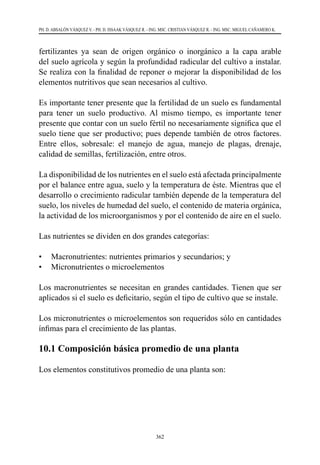 362
PH. D. ABSALÓN VÁSQUEZ V. - PH. D. ISSAAK VÁSQUEZ R. - ING. MSC. CRISTIAN VÁSQUEZ R. - ING. MSC. MIGUEL CAÑAMERO K.
fertilizantes ya sean de origen orgánico o inorgánico a la capa arable
del suelo agrícola y según la profundidad radicular del cultivo a instalar.
Se realiza con la finalidad de reponer o mejorar la disponibilidad de los
elementos nutritivos que sean necesarios al cultivo.
Es importante tener presente que la fertilidad de un suelo es fundamental
para tener un suelo productivo. Al mismo tiempo, es importante tener
presente que contar con un suelo fértil no necesariamente significa que el
suelo tiene que ser productivo; pues depende también de otros factores.
Entre ellos, sobresale: el manejo de agua, manejo de plagas, drenaje,
calidad de semillas, fertilización, entre otros.
La disponibilidad de los nutrientes en el suelo está afectada principalmente
por el balance entre agua, suelo y la temperatura de éste. Mientras que el
desarrollo o crecimiento radicular también depende de la temperatura del
suelo, los niveles de humedad del suelo, el contenido de materia orgánica,
la actividad de los microorganismos y por el contenido de aire en el suelo.
Las nutrientes se dividen en dos grandes categorías:
•	 Macronutrientes: nutrientes primarios y secundarios; y
•	 Micronutrientes o microelementos
Los macronutrientes se necesitan en grandes cantidades. Tienen que ser
aplicados si el suelo es deficitario, según el tipo de cultivo que se instale.
Los micronutrientes o microelementos son requeridos sólo en cantidades
ínfimas para el crecimiento de las plantas.
10.1 Composición básica promedio de una planta
Los elementos constitutivos promedio de una planta son:
 