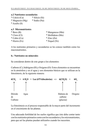 364
PH. D. ABSALÓN VÁSQUEZ V. - PH. D. ISSAAK VÁSQUEZ R. - ING. MSC. CRISTIAN VÁSQUEZ R. - ING. MSC. MIGUEL CAÑAMERO K.
a.2 Nutrientes secundarios
* Calcio (Ca)	 	 * Silicio (Si)
* Magnesio (Mg)	 * Sodio (Na)
* Azufre (S)
a.3 Micronutrientes
* Boro (B)                                       	 * Manganeso (Mn)
* Cloro (Cl)                                        	* Molibdeno (Mo)
* Cobre (Cu)                                       * Zinc (Zn)
* Hierro (Fe)	 	 	        	 * Niquel (Ni)
A los nutrientes primarios y secundarios se les conoce también como los
macronutrientes.
b.- Nutrientes no minerales
Se consideran dentro de este grupo a los elementos:
Carbono (C), hidrógeno (H) y Oxígeno (O): Estos elementos se encuentran
en la atmósfera y en el agua y son elementos básicos que se utilizan en la
fotosíntesis, de la siguiente manera:
6CO2	
+	
6 H2
O	 +	 Luz (675 kilocalorías)	 =>	6(CH2
O)	+	 6O2
Dióxido	 	 Agua	 	 	 	 Hidratos de	 	 Oxígeno
de						carbono
Carbono						 (glucosa)
La fotosíntesis es el proceso responsable de la mayor parte del incremento
en el crecimiento de las plantas.
Una adecuada fertilidad de los suelos significa que éste debe contar tanto
conlosnutrientesprimarioscomoconlossecundariosylosmicronutrientes,
para que así las plantas puedan utilizarlos cuando los necesiten.
 