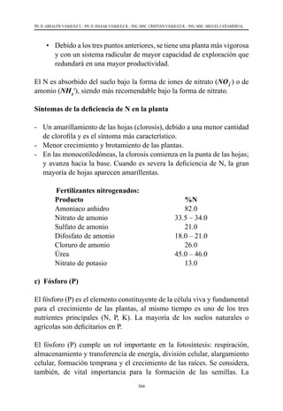 366
PH. D. ABSALÓN VÁSQUEZ V. - PH. D. ISSAAK VÁSQUEZ R. - ING. MSC. CRISTIAN VÁSQUEZ R. - ING. MSC. MIGUEL CAÑAMERO K.
•	 	Debido a los tres puntos anteriores, se tiene una planta más vigorosa
y con un sistema radicular de mayor capacidad de exploración que
redundará en una mayor productividad.
El N es absorbido del suelo bajo la forma de iones de nitrato (NO3
_
) o de
amonio (NH4
+
), siendo más recomendable bajo la forma de nitrato.
Síntomas de la deficiencia de N en la planta
-	 Un amarillamiento de las hojas (clorosis), debido a una menor cantidad
de clorofila y es el síntoma más característico.
-	 Menor crecimiento y brotamiento de las plantas.
-	 En las monocotiledóneas, la clorosis comienza en la punta de las hojas;
y avanza hacia la base. Cuando es severa la deficiencia de N, la gran
mayoría de hojas aparecen amarillentas.
	 Fertilizantes nitrogenados:
	Producto	 %N
	 Amoniaco anhidro	 82.0
	 Nitrato de amonio	 33.5 – 34.0
	 Sulfato de amonio	 21.0
	 Difosfato de amonio	 18.0 – 21.0
	 Cloruro de amonio	 26.0
	Úrea	 45.0 – 46.0
	 Nitrato de potasio	 13.0
c) Fósforo (P)
El fósforo (P) es el elemento constituyente de la célula viva y fundamental
para el crecimiento de las plantas, al mismo tiempo es uno de los tres
nutrientes principales (N, P, K). La mayoría de los suelos naturales o
agrícolas son deficitarios en P.
El fósforo (P) cumple un rol importante en la fotosíntesis: respiración,
almacenamiento y transferencia de energía, división celular, alargamiento
celular, formación temprana y el crecimiento de las raíces. Se considera,
también, de vital importancia para la formación de las semillas. La
 