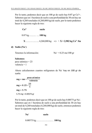 392
PH. D. ABSALÓN VÁSQUEZ V. - PH. D. ISSAAK VÁSQUEZ R. - ING. MSC. CRISTIAN VÁSQUEZ R. - ING. MSC. MIGUEL CAÑAMERO K.
	 Por lo tanto, podemos decir que en 100 gr de suelo hay 0.07 gr Ca2
+.
Sabemos que en 1 hectárea de suelo a una profundidad de 30 cm hay un
total de 4,260 toneladas (4,260,000 kg) de suelo, por lo tanto podemos
hacer la siguiente regla de tres:
		 Ca2+
suelo
		 0.07 kg……… … 100 kg
X …………….. 4,260,000 kg =>
297
𝐦𝐦𝐦𝐦 = 𝟎𝟎. 𝟔𝟔 ∗
𝟐𝟐
𝐦𝐦𝐦𝐦 = 𝟕𝟕. 𝟐𝟐 𝐦𝐦𝐦𝐦
7.2 mg = 0.0072 gr
Por lo tanto, podemos decir que en 100 gr de suelo hay 0.0072 gr Mg2+. Sabemos que
en 1 hectárea de suelo a una profundidad de 30 cm hay un total de 4,260 toneladas
(4,260,000 kg) de suelo, por lo tanto podemos hacer la siguiente regla de tres:
Mg2+ suelo
0.0072 kg………………..…𝟏𝟏𝟏𝟏𝟏𝟏 𝒌𝒌𝒌𝒌
𝐗𝐗 ……………..…… 4,260,000 kg ⇒ ∴ 𝐗𝐗 = 𝟑𝟑𝟑𝟑𝟑𝟑.𝟕𝟕𝟕𝟕 𝐤𝐤𝐤𝐤 𝐌𝐌𝐌𝐌𝟐𝟐+
/𝐡𝐡𝐡𝐡
b) Potasio (K+)
Tenemos la información: K+ = 0.50 me/100 gr
Sabemos:
- peso atómico = 39
- valencia = 1
Ahora calcularemos cuántos miligramos de K2+ hay en 100 gr de suelo:
𝐦𝐦𝐦𝐦 = 𝐦𝐦𝐦𝐦 ∗
𝐩𝐩𝐩𝐩𝐩𝐩𝐩𝐩 𝐚𝐚𝐚𝐚ó𝐦𝐦𝐦𝐦𝐦𝐦𝐦𝐦
𝐯𝐯𝐯𝐯𝐯𝐯𝐯𝐯𝐯𝐯𝐯𝐯𝐯𝐯𝐯𝐯
𝐦𝐦𝐦𝐦 = 𝟎𝟎. 𝟓𝟓 ∗
𝟑𝟑𝟑𝟑
𝟏𝟏
𝐦𝐦𝐦𝐦 = 𝟏𝟏𝟏𝟏. 𝟓𝟓 𝐦𝐦𝐦𝐦
19.5 mg = 0.0195 gr
Por lo tanto, podemos decir que en 100 gr de suelo hay 0.0195 gr K+. Sabemos que en 1
hectárea de suelo a una profundidad de 30 cm hay un total de 4,260 toneladas
(4,260,000 kg) de suelo, por lo tanto podemos hacer la siguiente regla de tres:
X = 2,982 kg Ca2+
/ha
d)	 Sodio (Na+
)
	 Tenemos la información:     	 	 Na+
= 0.25 me/100 gr
	 Sabemos: 	
	 peso atómico = 23
	 valencia = 1
	 Ahora calcularemos cuantos miligramos de Na+
hay en 100 gr de
suelo:
	 Por lo tanto, podemos decir que en 100 gr de suelo hay 0.00575 gr Na+
.
Sabemos que en 1 hectárea de suelo a una profundidad de 30 cm hay
un total de 4,260 toneladas (4,260,000 kg) de suelo, entonces podemos
hacer la siguiente regla de tres:
			 Na+
suelo
			 0.00575 kg………………..… 100 kg
 