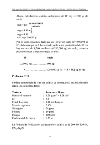 394
PH. D. ABSALÓN VÁSQUEZ V. - PH. D. ISSAAK VÁSQUEZ R. - ING. MSC. CRISTIAN VÁSQUEZ R. - ING. MSC. MIGUEL CAÑAMERO K.
	 Ahora, calcularemos cuántos miligramos de H+
hay en 100 gr de
suelo:
	 Por lo tanto, podemos decir que en 100 gr de suelo hay 0.00092 gr
H+
. Sabemos que en 1 hectárea de suelo a una profundidad de 30 cm
hay un total de 4,260 toneladas (4,260,000 kg) de suelo, entonces
podemos hacer la siguiente regla de tres:
	 H+
suelo
	 0.00092 kg…………..… 100 kg
	 X………………….… 4,260,000 kg =>
- valencia = 2
Ahora calcularemos cuántos miligramos de Mg2+ hay en 100 gr de suelo:
𝐦𝐦𝐦𝐦 = 𝐦𝐦𝐦𝐦 ∗
𝐩𝐩𝐩𝐩𝐩𝐩𝐩𝐩 𝐚𝐚𝐚𝐚ó𝐦𝐦𝐦𝐦𝐦𝐦𝐦𝐦
𝐯𝐯𝐯𝐯𝐯𝐯𝐯𝐯𝐯𝐯𝐯𝐯𝐯𝐯𝐯𝐯
𝐦𝐦𝐦𝐦 = 𝟎𝟎. 𝟔𝟔 ∗
𝟐𝟐𝟐𝟐
𝟐𝟐
𝐦𝐦𝐦𝐦 = 𝟕𝟕. 𝟐𝟐 𝐦𝐦𝐦𝐦
7.2 mg = 0.0072 gr
Por lo tanto, podemos decir que en 100 gr de suelo hay 0.0072 gr Mg2+. Sabemos que
en 1 hectárea de suelo a una profundidad de 30 cm hay un total de 4,260 toneladas
(4,260,000 kg) de suelo, por lo tanto podemos hacer la siguiente regla de tres:
Mg2+ suelo
0.0072 kg………………..…𝟏𝟏𝟏𝟏𝟏𝟏 𝒌𝒌𝒌𝒌
𝐗𝐗 ……………..…… 4,260,000 kg ⇒ ∴ 𝐗𝐗 = 𝟑𝟑𝟑𝟑𝟑𝟑.𝟕𝟕𝟕𝟕 𝐤𝐤𝐤𝐤 𝐌𝐌𝐌𝐌𝟐𝟐+
/𝐡𝐡𝐡𝐡
b) Potasio (K+)
Tenemos la información: K+ = 0.50 me/100 gr
Sabemos:
- peso atómico = 39
- valencia = 1
Ahora calcularemos cuántos miligramos de K2+ hay en 100 gr de suelo:
𝐦𝐦𝐦𝐦 = 𝐦𝐦𝐦𝐦 ∗
𝐩𝐩𝐩𝐩𝐩𝐩𝐩𝐩 𝐚𝐚𝐚𝐚ó𝐦𝐦𝐦𝐦𝐦𝐦𝐦𝐦
𝐯𝐯𝐯𝐯𝐯𝐯𝐯𝐯𝐯𝐯𝐯𝐯𝐯𝐯𝐯𝐯
𝐦𝐦𝐦𝐦 = 𝟎𝟎. 𝟓𝟓 ∗
𝟑𝟑𝟑𝟑
𝟏𝟏
𝐦𝐦𝐦𝐦 = 𝟏𝟏𝟏𝟏. 𝟓𝟓 𝐦𝐦𝐦𝐦
19.5 mg = 0.0195 gr
Por lo tanto, podemos decir que en 100 gr de suelo hay 0.0195 gr K+. Sabemos que en 1
hectárea de suelo a una profundidad de 30 cm hay un total de 4,260 toneladas
(4,260,000 kg) de suelo, por lo tanto podemos hacer la siguiente regla de tres:
X = 39.2 kg H+
/ha
Problema N°10
Se tiene una parcela de 1 ha con cultivo de tomate, cuyo análisis de suelo
arroja los siguientes datos:
Textura 		 : franco-arcillosos
Densidad aparente 	 	 :   1.28 g/cm3
= 1.28 t/m3
pH                           	 	 :   6.1    
Cond. Eléctrica       	 	 :   1.16 mmhos/cm
Materia orgánica  	 	 :   3.9%            
Nitrógeno           	 	 :   28 ppm
Fósforo              	 	 :   19 ppm
Potasio              	 	 :   100 ppm
Profundidad de raíces 	
	 :   0.25 m
La fórmula de fertilización que requiere el cultivo es de 260–90–350 (N,
P2
O5
, K2
O).
 