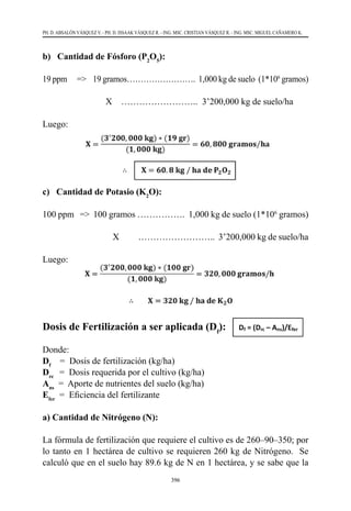 396
PH. D. ABSALÓN VÁSQUEZ V. - PH. D. ISSAAK VÁSQUEZ R. - ING. MSC. CRISTIAN VÁSQUEZ R. - ING. MSC. MIGUEL CAÑAMERO K.
b) Cantidad de Fósforo (P2
O5
):
19 ppm      =>    19 gramos…………………….  1,000 kg de suelo  (1*106
gramos)
                   	     X    ……………………..  3’200,000 kg de suelo/ha
Luego:
c) Cantidad de Potasio (K2
O):
100 ppm =>  100 gramos …………….  1,000 kg de suelo (1*106
gramos)
                                     X          ……………………..  3’200,000 kg de suelo/ha
Luego:
Dosis de Fertilización a ser aplicada (Df
):
Donde:
Df
    =  Dosis de fertilización (kg/ha)
Drc
  =  Dosis requerida por el cultivo (kg/ha)
Ans
  =  Aporte de nutrientes del suelo (kg/ha)
Efer
  =  Eficiencia del fertilizante
a) Cantidad de Nitrógeno (N):
La fórmula de fertilización que requiere el cultivo es de 260–90–350; por
lo tanto en 1 hectárea de cultivo se requieren 260 kg de Nitrógeno.  Se
calculó que en el suelo hay 89.6 kg de N en 1 hectárea, y se sabe que la
 