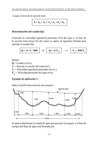 414
PH. D. ABSALÓN VÁSQUEZ V. - PH. D. ISSAAK VÁSQUEZ R. - ING. MSC. CRISTIAN VÁSQUEZ R. - ING. MSC. MIGUEL CAÑAMERO K.
Luego, el área de la sección será:
A = A0
+ A1
+ A2
+A3
+A4
+A5
Determinación del caudal (Q):
Conocida la velocidad superficial promedio (Vs) del agua y el área de
la sección transversal (A) del canal, se aplica la siguiente fórmula para
calcular el caudal (Q):
	 Q = A* Vs
*850 ó Q = A*Vm
=> Vm
= 850 Vs
Donde:
Q = Caudal en (l/s),
A = Área de la sección del canal (m2
),
Vs
= Velocidad superficial promedio (m/s); y
Vm
= Velocidad promedio del agua (m/s).
Ejemplo de aplicación 1:
Dado el perfil transversal de una acequia:
Se quiere determinar el caudal de agua que pasa por la acequia. La línea de
energía del flujo de agua está formada por:
 