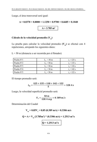 416
PH. D. ABSALÓN VÁSQUEZ V. - PH. D. ISSAAK VÁSQUEZ R. - ING. MSC. CRISTIAN VÁSQUEZ R. - ING. MSC. MIGUEL CAÑAMERO K.
Luego, el área transversal será igual:
A = 0.0370 + 0.8000 + 1.1250 + 0.9700 + 0.6685 + 0.1840
A = 3.785 m2
Cálculo de la velocidad promedio (Vm
)
La prueba para calcular la velocidad promedio (Vm
) se efectuó con 4
repeticiones, arrojando los siguientes datos:
L = 50 m (distancia a ser recorrida por el flotador)
Prueba N°1 L1
  = 50 m t1
= 125 s
Prueba N°2 L2
= 50 m t2
= 135 s
Prueba N°3 L3
= 50 m t3
= 118 s
Prueba N°4 L4
= 50 m t4
= 142 s
Prueba N°5 L5
= 50 m t5
= 122 s
El tiempo promedio será:
Luego, la velocidad superficial promedio será:
Determinación del Caudal
Vm
= 0.85Vs
= 0.85 (0.389 m/s) = 0.3306 m/s
Q = A + Vm
(3.785m3
) * (0.3306 m/s) = 1.2513 m3
/s
∴ Q = 1.2513 m3
/s
 