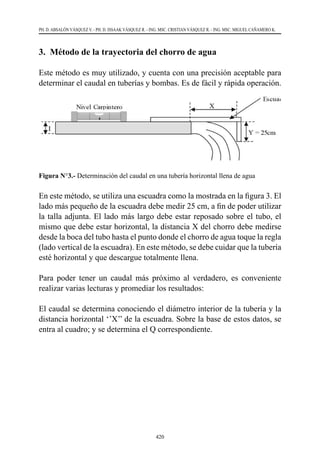 420
PH. D. ABSALÓN VÁSQUEZ V. - PH. D. ISSAAK VÁSQUEZ R. - ING. MSC. CRISTIAN VÁSQUEZ R. - ING. MSC. MIGUEL CAÑAMERO K.
3. Método de la trayectoria del chorro de agua
Este método es muy utilizado, y cuenta con una precisión aceptable para
determinar el caudal en tuberías y bombas. Es de fácil y rápida operación.
Figura N°3.- Determinación del caudal en una tubería horizontal llena de agua
En este método, se utiliza una escuadra como la mostrada en la figura 3. El
lado más pequeño de la escuadra debe medir 25 cm, a fin de poder utilizar
la talla adjunta. El lado más largo debe estar reposado sobre el tubo, el
mismo que debe estar horizontal, la distancia X del chorro debe medirse
desde la boca del tubo hasta el punto donde el chorro de agua toque la regla
(lado vertical de la escuadra). En este método, se debe cuidar que la tubería
esté horizontal y que descargue totalmente llena.
Para poder tener un caudal más próximo al verdadero, es conveniente
realizar varias lecturas y promediar los resultados:
El caudal se determina conociendo el diámetro interior de la tubería y la
distancia horizontal ‘’X’’ de la escuadra. Sobre la base de estos datos, se
entra al cuadro; y se determina el Q correspondiente.
 