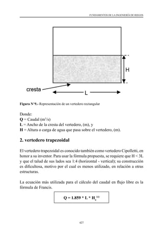 427
FUNDAMENTOS DE LA INGENIERÍA DE RIEGOS
Figura N°9.- Representación de un vertedero rectangular
Donde:
Q = Caudal (m3
/s)
L = Ancho de la cresta del vertedero, (m), y
H = Altura o carga de agua que pasa sobre el vertedero, (m).
2. vertedero trapezoidal
El vertedero trapezoidal es conocido también como vertedero Cipolletti, en
honor a su inventor. Para usar la fórmula propuesta, se requiere que H < 3L
y que el talud de sus lados sea 1:4 (horizontal - vertical); su construcción
es dificultosa, motivo por el cual es menos utilizado, en relación a otras
estructuras.
La ecuación más utilizada para el cálculo del caudal en flujo libre es la
fórmula de Francis.
Q = 1.859 * L * Hu
3/2
 