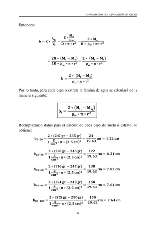 49
FUNDAMENTOS DE LA INGENIERÍA DE RIEGOS
Entonces:
Por lo tanto, para cada capa o estrato la lámina de agua se calculará de la
manera siguiente:
Reemplazando datos para el cálculo de cada capa de suelo o estrato, se
obtiene:
 