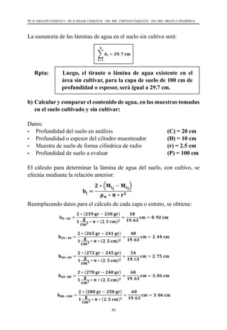 50
PH. D. ABSALÓN VÁSQUEZ V. - PH. D. ISSAAK VÁSQUEZ R. - ING. MSC. CRISTIAN VÁSQUEZ R. - ING. MSC. MIGUEL CAÑAMERO K.
La sumatoria de las láminas de agua en el suelo sin cultivo será:
Rpta:		
Luego, el tirante o lámina de agua existente en el
área sin cultivar, para la capa de suelo de 100 cm de
profundidad o espesor, será igual a 29.7 cm.
b) 	Calcular y comparar el contenido de agua, en las muestras tomadas
en el suelo cultivado y sin cultivar:
Datos:
•	 Profundidad del suelo en análisis 		 (C) = 20 cm
•	 Profundidad o espesor del cilindro muestreador		 (D) = 10 cm
•	 Muestra de suelo de forma cilíndrica de radio 		 (r) = 2.5 cm
•	 Profundidad de suelo a evaluar 		 (P) = 100 cm
El cálculo para determinar la lámina de agua del suelo, con cultivo, se
efectúa mediante la relación anterior:
Reemplazando datos para el cálculo de cada capa o estrato, se obtiene:
 