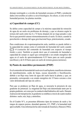 52
PH. D. ABSALÓN VÁSQUEZ V. - PH. D. ISSAAK VÁSQUEZ R. - ING. MSC. CRISTIAN VÁSQUEZ R. - ING. MSC. MIGUEL CAÑAMERO K.
drenaje restringido o a niveles de humedad cercanos al PMP, y producirá
daños irreversibles al cultivo a nivel fisiológico. En efecto, si este nivel de
humedad persiste, las plantas morirán.
a) Capacidad de campo (CC)
Se define como capacidad de campo a la máxima capacidad de retención
de agua de un suelo sin problemas de drenaje, y que se alcanza según la
textura del suelo entre las 6 y 72 horas después de un riego pesado o una
lluvia que permitió saturar momentáneamente al suelo. Es decir, cuando la
percolación o drenaje del agua gravitacional haya, prácticamente, cesado.
Para condiciones de evapotranspiración nula, también se puede definir a
la capacidad de campo como el contenido de humedad del suelo cuando
( )
Δθ
Δt
→0 (variación del contenido de humedad con respecto al tiempo
tiende a cero). También se puede decir que el contenido de humedad a
capacidad de campo es aquel que corresponde a un estado energético del
agua en el suelo de aproximadamente 0.33 bares para un suelo pesado
(arcilloso) y de 0.10 bares para un suelo de textura gruesa (arenoso).
b) Punto de marchitez permanente (PMP)
Eselcontenidodehumedaddelsueloenelcuallaplanta  manifiestasíntomas
de marchitamiento, caída de hojas, escaso desarrollo o fructificación,
debido a un flujo muy lento de agua del suelo hacia la planta; y que, en
promedio, corresponde a un estado energético de 15 bares cercano a éste
valor defendiendo del tipo de cultivo.
Para que se produzca un flujo de agua, es necesaria la presencia de una
gradiente de potencial. La magnitud del flujo está determinada tanto por la
propia gradiente, así como por la conductividad hidráulica del suelo. Durante
el proceso de transpiración, la gradiente se establece a través de cuatro medios
distintos: suelo, raíz, hoja y atmósfera.
En el Cuadro N°1, se presentan diferentes tipos de texturas de suelo y los
rangos de espacio poroso, densidad aparente, CC, PMP y la humedad total
aprovechable. Esta información ha sido tomada de Israelsen y Hansen (1962).
 