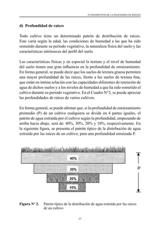 57
FUNDAMENTOS DE LA INGENIERÍA DE RIEGOS
d) Profundidad de raíces
Todo cultivo tiene un determinado patrón de distribución de raíces.
Este varía según la edad, las condiciones de humedad a las que ha sido
sometido durante su período vegetativo, la naturaleza física del suelo y las
características intrínsecas del perfil del suelo.
Las características físicas y en especial la textura y el nivel de humedad
del suelo tienen una gran influencia en la profundidad de enraizamiento.
En forma general, se puede decir que los suelos de textura gruesa permiten
una mayor profundidad de las raíces, frente a los suelos de textura fina,
que están en íntima relación con las capacidades diferentes de retención de
agua de dichos suelos y a los niveles de humedad a que ha sido sometido el
cultivo durante su período vegetativo. En el Cuadro N°2, se puede apreciar
las profundidades de raíces de varios cultivos.
En forma general, se puede afirmar que, si la profundidad de enraizamiento
promedio (P) de un cultivo cualquiera se divide en 4 partes iguales, el
patrón de agua extraída por el cultivo según la profundidad, empezando de
arriba hacia abajo, será de: 40%, 30%, 20% y 10%, respectivamente. En
la siguiente figura, se presenta el patrón típico de la distribución de agua
extraída por las raíces de un cultivo, para una profundidad enraizada P.
Figura Nº 2.	 Patrón típico de la distribución de agua extraída por las raíces
de un cultivo
 