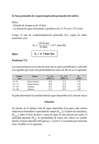 65
b) Tasa promedio de evapotranspiración promedio del cultivo
Datos:
- Período de tiempo es de 19 días
- La lámina de agua consumida o perdida es de 12.78 cm ó 127.8 mm
Luego, la tasa de evapotranspiración promedio (Et
), según los datos
anteriores será:
Rpta: 		
Problema N°2
Las características en la zona de raíces de un suelo estratificado y cultivado
con algodón que tiene una profundidad de raíces de 80 cm es la siguiente:
Estrato
(cm)
Textura θmcc
(%)
(masa, %)
θmpmp
(%)
(masa, %)
Dap
(g/cm3
)
0 - 19
19 - 37
37 - 67
67 - 80
Franco-limoso
Franco-limoso
Arenoso
Arenoso
34.5
34.8
30.7
31.1
17.5
21.6
18.8
16.8
1.57
1.63
1.60
1.60
Se pide determinar la cantidad total de agua disponible en la zona de raíces
Solución:
El cálculo de la lámina total de agua disponible (La) para cada estrato
relaciona la humedad a capacidad de campo (θmcc
) y el punto de marchitez,
(θmpmp
) sobre la base de peso o masa de agua en una muestra de suelo, la
densidad aparente (Dap
), la profundidad de raíces del cultivo en estudio
(prof) y el peso específico del agua (ρw
=1 g/cm3
). La ecuación que relaciona
estas variables es la siguiente:
 