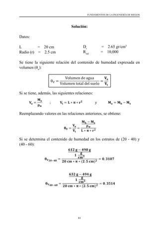 81
FUNDAMENTOS DE LA INGENIERÍA DE RIEGOS
Solución:
Datos:
L  	       =    20 cm
Radio (r)    =    2.5 cm
Se tiene la siguiente relación del contenido de humedad expresada en
volumen (θv
):
Si se tiene, además, las siguientes relaciones:
Reemplazando valores en las relaciones anteriores, se obtiene:
Si se determina el contenido de humedad en los estratos de (20 - 40) y
(40 - 60):
Dr
   	       =    2.65 gr/cm3
Rstd 	
=    10,000
 