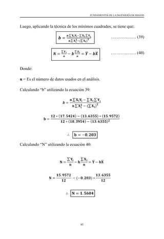 85
FUNDAMENTOS DE LA INGENIERÍA DE RIEGOS
Luego, aplicando la técnica de los mínimos cuadrados, se tiene que:
				 ……………… (39)
			 ……………… (40)
Donde:
n = Es el número de datos usados en el análisis.
Calculando “b” utilizando la ecuación 39:
Calculando “N” utilizando la ecuación 40:
 
