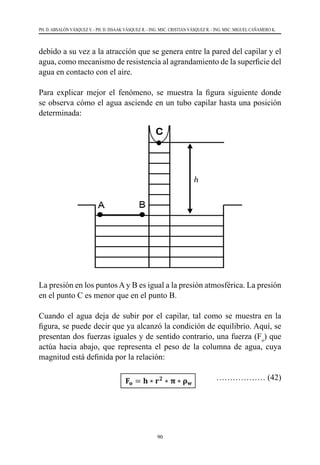 90
PH. D. ABSALÓN VÁSQUEZ V. - PH. D. ISSAAK VÁSQUEZ R. - ING. MSC. CRISTIAN VÁSQUEZ R. - ING. MSC. MIGUEL CAÑAMERO K.
debido a su vez a la atracción que se genera entre la pared del capilar y el
agua, como mecanismo de resistencia al agrandamiento de la superficie del
agua en contacto con el aire.
Para explicar mejor el fenómeno, se muestra la figura siguiente donde
se observa cómo el agua asciende en un tubo capilar hasta una posición
determinada:
La presión en los puntos A y B es igual a la presión atmosférica. La presión
en el punto C es menor que en el punto B.
Cuando el agua deja de subir por el capilar, tal como se muestra en la
figura, se puede decir que ya alcanzó la condición de equilibrio. Aquí, se
presentan dos fuerzas iguales y de sentido contrario, una fuerza (Fo
) que
actúa hacia abajo, que representa el peso de la columna de agua, cuya
magnitud está definida por la relación:
				 ……………… (42)
 