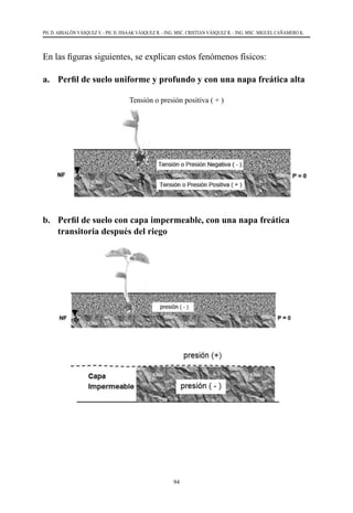 94
PH. D. ABSALÓN VÁSQUEZ V. - PH. D. ISSAAK VÁSQUEZ R. - ING. MSC. CRISTIAN VÁSQUEZ R. - ING. MSC. MIGUEL CAÑAMERO K.
En las figuras siguientes, se explican estos fenómenos físicos:
a.	 Perfil de suelo uniforme y profundo y con una napa freática alta
Tensión o presión positiva ( + )
b.	 Perfil de suelo con capa impermeable, con una napa freática
transitoria después del riego
 