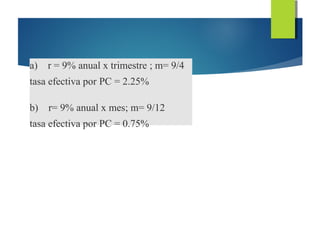 a) r = 9% anual x trimestre ; m= 9/4
tasa efectiva por PC = 2.25%
b) r= 9% anual x mes; m= 9/12
tasa efectiva por PC = 0.75%
 