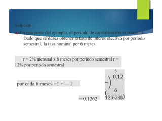 Solución
a) En esta parte del ejemplo, el periodo de capitalización es mensual.
Dado que se desea obtener la tasa de interés efectiva por periodo
semestral, la tasa nominal por 6 meses.
r = 2% mensual x 6 meses por periodo semestral r =
12% por periodo semestral
por cada 6 meses =1 +— 1
= 0.1262
 