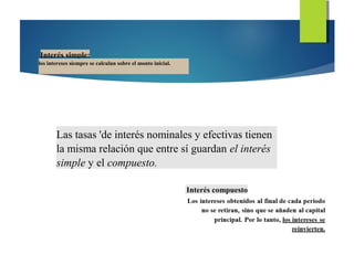 Interés simple:
los intereses siempre se calculan sobre el monto inicial.
Las tasas 'de interés nominales y efectivas tienen
la misma relación que entre sí guardan el interés
simple y el compuesto.
Interés compuesto
 