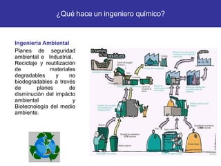 Ingeniería Ambiental Planes de seguridad ambiental e  Industrial.  Reciclaje y reutilización de materiales degradables y no biodegradables a través de planes de disminución del impácto ambiental y Biotecnología del medio ambiente. ¿Qué hace un ingeniero químico? 