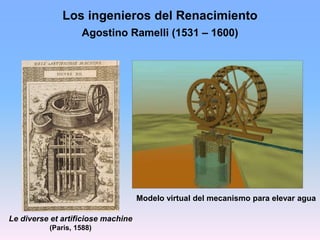 Agostino Ramelli (1531 – 1600)
Los ingenieros del Renacimiento
Le diverse et artificiose machine
(Paris, 1588)
Modelo virt...