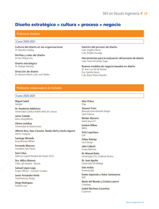 Deusto Ingeniería 22 
365 en Deusto Ingeniería 19
Cultura del diseño en las organizaciones
Dr. Marcelo Leslabay
Perfiles y roles del diseño
Dr.Aiur Retegi Uría
Diseño estratégico
Dr. Rodrigo Martínez
Dirección de diseño
Dr. Mariano Martín Lcdo. Juan Mellen
Gestión del proceso de diseño
Lcda.Angélica Barco
Lcda. Brigitte Sauvage
Herramientas para la evaluación del proceso de diseño
Lcda. Paula Fernández Gago
Nuevos modelos de negocio basados en diseño
Dr. Jose Luis del Val Román
Dra. Garbiñe Henry
Lcdo. Borja Piñeiro Mundín
Miguel Sabel
Designit
Dr. Humberto Valdivieso
Universidad Católica Andrés Bello de Caracas
Javier Cuñado
Items DesignWorks
Liliana Leslabay
Universidad de Buenos Aires
Alberto Vera, Oyer Corazón, Nando Abril y Gorka Aguirre
Hecho Company
Santiago Miranda
King Miranda (Milán)
Fernando Mascaro
Grendene (Sao Paulo)
Xavi Calvo
València Capital Mundial del Diseño 2022
Dra. Milica Matovic
Cities Lab Katedra - Deusto
Samuel López-Lago
Project Official - Comisión Europea
Javier Fernández Verde
Transferencias Design
Diego Rodríguez
Packlink.com
Alex Ochoa
Klap
Josyane Franc
Biennale Internationale Design
Saint-Etienne
Maider Macarro
InterCultura EY
Izaskun Bilbao
BBVA
Aritz Legorburu
CAF
Felipe Ramajo
Cero Design
Julia Calbetó
Grupo Adevinta
Dr. Manuel Bañó
Universidad CEU Cardenal Herrera
Dr. Juan Aguilar
Universidad de Málaga
Ione Ardaiz
Arantzazulab
Eneko Izquierdo y Oskar Santamaria
DOT
Maite del Mundo y Cristina Latorre
Creatique
Isabel Martínez-Cosentino
Cosentino
Diseño estratégico = cultura + proceso + negocio
Curso 2020-2021
Curso 2020-2021
Profesores titulares
Profesores colaboradores  invitados
 
