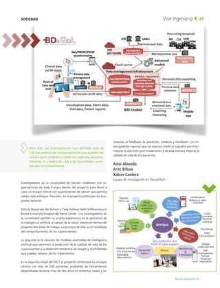 Deusto Ingeniería 22 
Vive Ingeniería 49
Investigadores de la universidad de Deusto colaboran con or-
ganizaciones de todo Europa dentro del proyecto para llevar a
cabo un ensayo clínico con supervivientes de cáncer que permita
validar este enfoque. Para ello, en el proyecto participan los hos-
pitales italianos
Istituto Nazionale dei Tumori y Casa Sollievo della Sofferenza y el
Bristol University Hospital del Reino Unido. Los investigadores de
la universidad aportan su amplia experiencia en la aplicación de
la inteligencia artificial al campo de la salud, liderando dentro del
proyecto dos áreas de trabajo. La primera de ellas es el modelado
del comportamiento de los supervivientes.
La segunda es la creación de modelos avanzados de inteligencia
artificial que permitan la predicción de la calidad de vida de los
supervivientes y la detección temprana de riesgos y morbilidades
que puedan devenir de los tratamientos.
En la segunda mitad del 2021 el proyecto comenzará los ensayos
clínicos con más de 200 pacientes, probando las herramientas
desarrolladas durante más de dos años en entornos reales y re-
cibiendo el feedback de pacientes, médicos y familiares. Los in-
vestigadores esperan que los avances médicos logrados permitan
mejorar la atención post-tratamiento y de esta manera mejorar la
calidad de vida de los pacientes.
Aitor Almeida
Aritz Bilbao
Xabier Cantero
Equipo de investigación en DeustoTech
Para ello, los investigadores han definido más de
130 marcadores de comportamiento que pueden ser
usados para modelar y medir los aspectos socioeco-
nómicos, la calidad de vida y las toxicidades causa-
das por los tratamientos
SOCIEDAD
 
