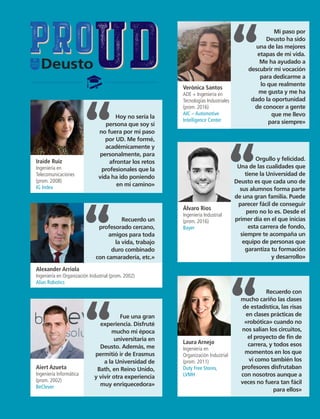 Hoy no sería la
persona que soy si
no fuera por mi paso
por UD. Me formé,
académicamente y
personalmente, para
afrontar los retos
profesionales que la
vida ha ido poniendo
en mi camino»
Iraide Ruiz
Ingeniería en
Telecomunicaciones
(prom. 2008)
IG Index
Recuerdo un
profesorado cercano,
amigos para toda
la vida, trabajo
duro combinado
con camaradería, etc.»
Alexander Arriola
Ingeniería en Organización Industrial (prom. 2002)
Alias Robotics
Orgullo y felicidad.
Una de las cualidades que
tiene la Universidad de
Deusto es que cada uno de
sus alumnos forma parte
de una gran familia. Puede
parecer fácil de conseguir
pero no lo es. Desde el
primer día en el que inicias
esta carrera de fondo,
siempre te acompaña un
equipo de personas que
garantiza tu formación
y desarrollo»
Álvaro Rios
Ingeniería Industrial
(prom. 2016)
Bayer
Fue una gran
experiencia. Disfruté
mucho mi época
universitaria en
Deusto. Además, me
permitió ir de Erasmus
a la Universidad de
Bath, en Reino Unido,
y vivir otra experiencia
muy enriquecedora»
Aiert Azueta
Ingeniería Informática
(prom. 2002)
BeClever
Recuerdo con
mucho cariño las clases
de estadística, las risas
en clases prácticas de
«robótica» cuando no
nos salían los circuitos,
el proyecto de fin de
carrera, y todos esos
momentos en los que
vi como también los
profesores disfrutaban
con nosotros aunque a
veces no fuera tan fácil
para ellos»
Laura Arnejo
Ingeniería en
Organización Industrial
(prom. 2011)
Duty Free Stores,
LVMH
Mi paso por
Deusto ha sido
una de las mejores
etapas de mi vida.
Me ha ayudado a
descubrir mi vocación
para dedicarme a
lo que realmente
me gusta y me ha
dado la oportunidad
de conocer a gente
que me llevo
para siempre»
Verónica Santos
ADE + Ingeniería en
Tecnologías Industriales
(prom. 2016)
AIC – Automotive
Intelligence Center
 