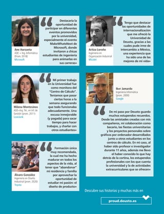 Descubre sus historias y muchas más en
proud.deusto.es
Formación única
muy recomendada,
la cual me ha hecho
madurar en todos los
aspectos de la vida, al
tener que “abandonar”
mi residencia y familia
por aprovechar la
oportunidad de
estudiar mi pasión: el
diseño de producto»
Álvaro González
Ingeniería en Diseño
Industrial (prom. 2020)
Toyota
Destacaría la
oportunidad de
participar en diferentes
eventos promovidos
por la universidad,
especialmente el evento
MakeWhatsNext de
Microsoft, donde
invitaron a chicas
estudiantes de ingeniería
para animarlas en
sus carreras»
Ane Iturzaeta
ADE + Ing. Informática
(Prom. 2018)
Microsoft
Tengo que destacar
las oportunidades de
internacionalización
que me ofreció la
Universidad de
Deusto, gracias a las
cuales pude irme de
intercambio a México,
una experiencia que
ha sido una de las
mejores de mi vida»
Aritza Loroño
Ingeniería en
Organización Industrial
Micolet
Mi primer trabajo
en la Universidad fue
como monitora del
“Centro de Cálculo”.
Teníamos que pasar
ciertas horas a la
semana asegurando
que todo funcionaba
adecuadamente. Una
excusa inmejorable
(y pagada) para sacar
tiempo para hacer
trabajos, y charlar con
otros estudiantes»
Milena Montesinos
ADE+Ing.Téc. en Inf. de
Gestión (prom. 2011)
LoveJunk
De mi paso por Deusto guardo
muchos estupendos recuerdos.
Desde las amistades creadas con mis
compañeros, mi colaboración como
becario, las fiestas universitarias
y los proyectos personales sobre
gráficos por ordenador desarrollados
junto a otros estudiantes en los
centros de cálculo. En mi caso, al
haber sido profesor e investigador
durante 11 años, además me llevo
el haber conocido lo que hay
detrás de la cortina, los estupendos
profesionales con los que cuenta
la universidad y la de actividades
extracurriculares que se ofrecen»
Iker Jamardo
Ingeniería Informática
(prom. 2000)
Google
 