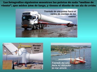 Las fotografías siguientes muestran las paletas de cada “molino de viento”, que miden 30m de largo, y tienen el diseño de un ala de avión Traslado de una paleta hacia el centro de montaje de los rotores Montaje de un rotor Traslado del rotor hacia su ubicación en mar abierto 