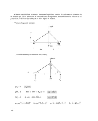 104
4 . 2 . 1 M é t o d o d e l o s n u d o s
Consiste en considerar de manera sucesiva el equilibrio estatico de cada uno de los nudos de
tal manera que, con la aplicación de las condiciones de equilibrio, puedan hallarse los valores de las
fuerzas en las barras que confluyen al nudo objeto de análisis.
Veamos el siguiente ejemplo:
1. Análisis externo (cálculo de las reacciones)
00  xx AF
5762807430048000 .RRM BBA 
4347103008000 .ARAF yByy 
 
45459013538736904533873643 11
../tan./tan
A
B
C
D
800N
4m 3
3
300
xA
yA

4
300
BR
3

3

N800
Este documento se cre€ con la versi€n gratuita de EVALUACI•N de eXpert PDF. Esta marca de agua se eliminar‚ al
comprar la licencia de la versi€n completa de eXpert PDF. Visite www.avanquest.es para obtener m‚s informaci€n
 