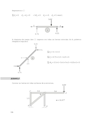 126
Regresamos a 1
1en550500  xxxxxx EEEEDF
Al diagrama de cuerpo libre 3 llegamos con todas las fuerzas conocidas. En él, podemos
chequear el equilibrio
055  xF
025453750  ...Fy
022542515153  ..MA
EJEMPLO
Calcular las fuerzas en todas las barras de la estructura.
KN5
5
254.750.
5
1
254.
5
5
750.
0
53.
3
C m2
51.
A B

m3
KN6
E
 8736.
Este documento se cre€ con la versi€n gratuita de EVALUACI•N de eXpert PDF. Esta marca de agua se eliminar‚ al
comprar la licencia de la versi€n completa de eXpert PDF. Visite www.avanquest.es para obtener m‚s informaci€n
 