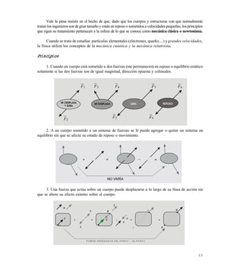 1 3
Vale la pena insistir en el hecho de que, dado que los cuerpos y estructuras con que normalmente
tratan los ingenierosson degran tamaño y están enreposo o sometidosa velocidadespequeñas, losprincipios
que rigen su tratamiento pertenecen a la esfera de lo que se conoce como mecánica clásica o newtoniana.
Cuando se trata de estudiar partículas elementales (electrones, quarks....) ygrandes velocidades,
la física utiliza los conceptos de la mecánica cuántica y la mecánica relativista.
Principios
1. Cuando un cuerpo está sometido a dos fuerzas éste permanecerá en reposo o equilibrio estático
solamente si las dos fuerzas son de igual magnitud, dirección opuesta y colineales.
2. A un cuerpo sometido a un sistema de fuerzas se le puede agregar o quitar un sistema en
equilibrio sin que se afecte su estado de reposo o movimiento.
3. Una fuerza que actúa sobre un cuerpo puede desplazarse a lo largo de su línea de acción sin
que se altere su efecto externo sobre el cuerpo.
1F
2F
3F 4F
5F
5F 6F
6F
+ = _ =
A
B B
AF
F
F
F
F
F
FUERZA DESPLAZADA DEL PUNTO AL PUNTOA B
F =
B
A
=
Este documento se cre€ con la versi€n gratuita de EVALUACI•N de eXpert PDF. Esta marca de agua se eliminar‚ al
comprar la licencia de la versi€n completa de eXpert PDF. Visite www.avanquest.es para obtener m‚s informaci€n
 