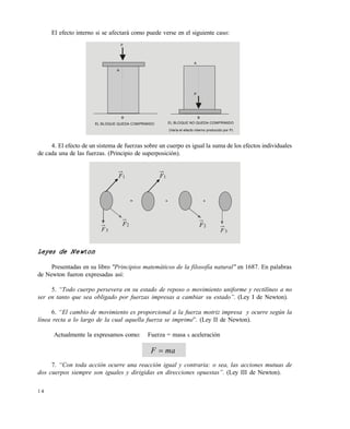 1 4
El efecto interno si se afectar€ como puede verse en el siguiente caso:
4. El efecto de un sistema de fuerzas sobre un cuerpo es igual la suma de los efectos individuales
de cada una de las fuerzas. (Principio de superposici•n).
Leyes de Newton
Presentadas en su libro "Principios matem•ticos de la filosofƒa natural" en 1687. En palabras
de Newton fueron expresadas as‚:
5. “Todo cuerpo persevera en su estado de reposo o movimiento uniforme y rectilƒneo a no
ser en tanto que sea obligado por fuerzas impresas a cambiar su estado”. (Ley I de Newton).
6. “El cambio de movimiento es proporcional a la fuerza motriz impresa y ocurre seg‡n la
lƒnea recta a lo largo de la cual aquella fuerza se imprime”. (Ley II de Newton).
Actualmente la expresamos como: Fuerza = masa x aceleraci•n
7. “Con toda acci‚n ocurre una reacci‚n igual y contraria: o sea, las acciones mutuas de
dos cuerpos siempre son iguales y dirigidas en direcciones opuestas”. (Ley III de Newton).
P
EL BLOQUE QUEDA COMPRIMIDO EL BLOQUE NO QUEDA COMPRIMIDO
(Varía el efecto interno producido por P)
P
A
BB
A
= + +
1F
2F
3F
1F
2F
3F
maF 
Este documento se cre€ con la versi€n gratuita de EVALUACI•N de eXpert PDF. Esta marca de agua se eliminar‚ al
comprar la licencia de la versi€n completa de eXpert PDF. Visite www.avanquest.es para obtener m‚s informaci€n
 