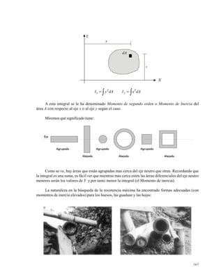 167
∫ ∫== dAxIdAyI yx
22
A esta integral se le ha denominado Momento de segundo orden o Momento de Inercia del
área A con respecto al eje x o al eje y según el caso.
Miremos qué significado tiene:
Como se ve, hay áreas que están agrupadas mas cerca del eje neutro que otras. Recordando que
la integral es una suma, es fácil ver que mientras mas cerca estén las áreas diferenciales del eje neutro
menores serán los valores de Y y por tanto menor la integral (el Momento de inercia).
La naturaleza en la búsqueda de la resistencia máxima ha encontrado formas adecuadas (con
momentos de inercia elevados) para los huesos, las guaduas y las hojas:
Y
x
dA
y
X
Agrupada Agrupada Agrupada
Alejada Alejada Alejada
Eje
 