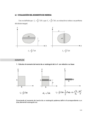 169
6.1 EVALUACIÓN DEL MOMENTO DE INERCIA
Una vez definido que I y dAx = ∫ 2
y que I x dAy = ∫ 2
, su evaluación se reduce a un problema
del cálculo integral:
2
dAyIx ∫= dAxIy ∫= 2
EJEMPLOS
1. Calcular el momento de inercia de un rectángulo de b x h con relación a su base:
dAyIx ∫= 2
dAydI x
2
= 33
3
0 0
3
22 bhhy
bbdyydAyI
h
x ===== ∫∫
Conociendo el momento de inercia de un rectángulo podemos definir el correspondiente a un
área elemental rectangular asi:
Y
dA
y
X X
dA
x
Y
Y Y Y
h h
b b
dy
y
dy
b
 