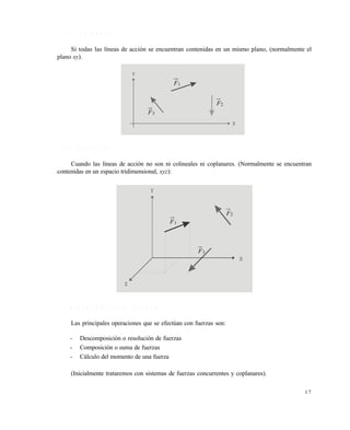 1 7
1 . 2 . 5 C o p l a n a r e s
Si todas las líneas de acción se encuentran contenidas en un mismo plano, (normalmente el
plano xy).
1 . 2 . 6 E s p a c i a l e s
Cuando las líneas de acción no son ni colineales ni coplanares. (Normalmente se encuentran
contenidas en un espacio tridimensional, xyz):
1 . 3 O P E R A C I O N E S C O N F U E R Z A S
Las principales operaciones que se efectúan con fuerzas son:
- Descomposición o resolución de fuerzas
- Composición o suma de fuerzas
- Cálculo del momento de una fuerza
(Inicialmente trataremos con sistemas de fuerzas concurrentes y coplanares).
X
Y
1F
2F
3F
X
Y
Z
1F
2F
3F
Este documento se cre€ con la versi€n gratuita de EVALUACI•N de eXpert PDF. Esta marca de agua se eliminar‚ al
comprar la licencia de la versi€n completa de eXpert PDF. Visite www.avanquest.es para obtener m‚s informaci€n
 