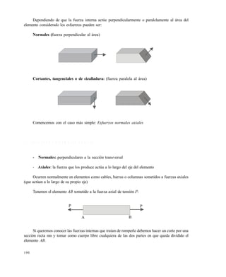 190
Dependiendo de que la fuerza interna actúe perpendicularmente o paralelamente al área del
elemento considerado los esfuerzos pueden ser:
Normales (fuerza perpendicular al área)
Cortantes, tangenciales o de cizalladura: (fuerza paralela al área)
Comencemos con el caso más simple: Esfuerzos normales axiales
7 . 1 E S F U E R Z O S N O R M A L E S A X I A L E S
- Normales: perpendiculares a la sección transversal
- Axiales: la fuerza que los produce actúa a lo largo del eje del elemento
Ocurren normalmente en elementos como cables, barras o columnas sometidos a fuerzas axiales
(que actúan a lo largo de su propio eje)
Tenemos el elemento AB sometido a la fuerza axial de tensión P:
Si queremos conocer las fuerzas internas que tratan de romperlo debemos hacer un corte por una
sección recta mn y tomar como cuerpo libre cualquiera de las dos partes en que queda dividido el
elemento AB.
A B
P P
Este documento se cre€ con la versi€n gratuita de EVALUACI•N de eXpert PDF. Esta marca de agua se eliminar‚ al
comprar la licencia de la versi€n completa de eXpert PDF. Visite www.avanquest.es para obtener m‚s informaci€n
 