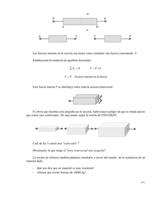 191
Las fuerzas internas en la sección mn tienen como resultante una fuerza concentrada F:
Estableciendo la condición de equilibrio horizontal:
00  PFFx
PF  (Fuerza interna en la barra)
Esta fuerza interna F se distribuye sobre toda la sección transversal:
Es obvio que mientras mas pequeña sea la sección, habrá mayor peligro de que se rompa puesto
que estará mas «esforzada». De aquí puede surgir la noción de ESFUERZO.
Cuál de las 3 estará mas "esforzada" ?
Obviamente la que tenga el "área transversal mas pequeña".
La noción de esfuerzo también podemos estudiarla a través del estudio de la resistencia de un
material dado.
- Qué nos dice que un material es muy resistente?
- Afirmar que resiste fuerzas de 10000 kg?
A B
P P
m
n
PP F F
Este documento se cre€ con la versi€n gratuita de EVALUACI•N de eXpert PDF. Esta marca de agua se eliminar‚ al
comprar la licencia de la versi€n completa de eXpert PDF. Visite www.avanquest.es para obtener m‚s informaci€n
 